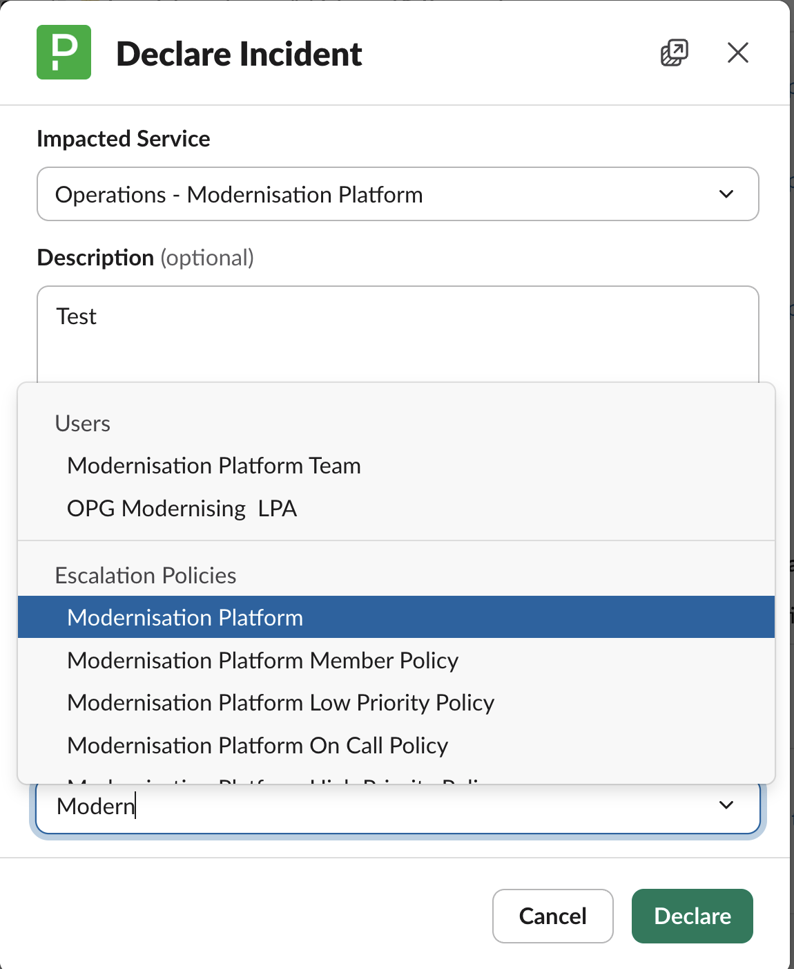 Impacted Service dropdown showing correct service options