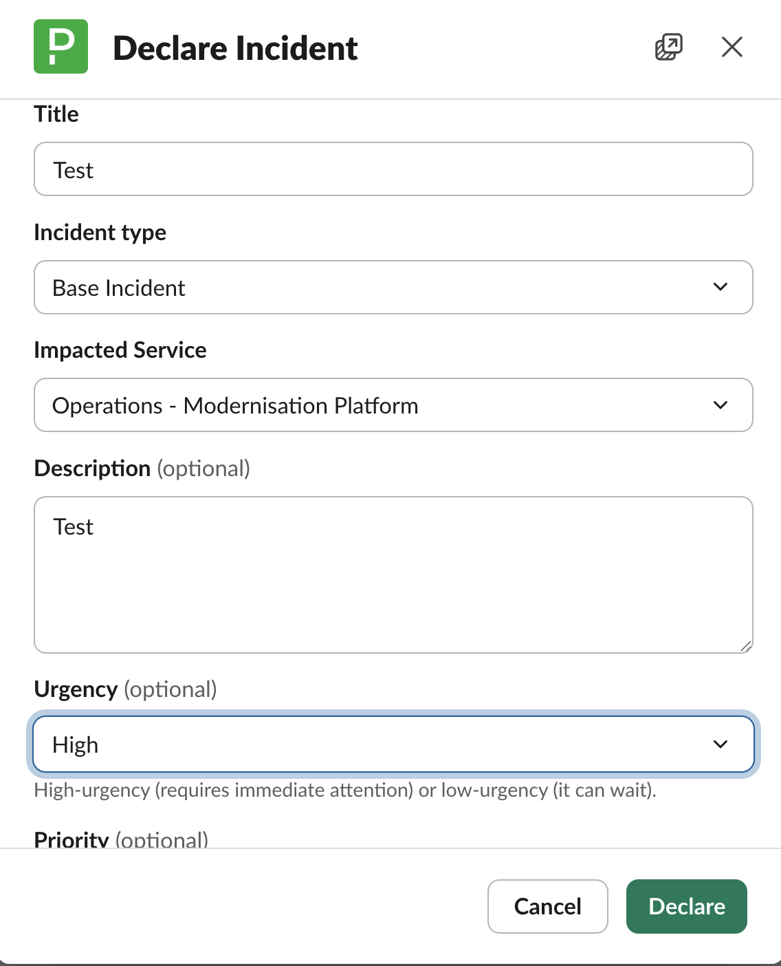 Declare Incident form in PagerDuty