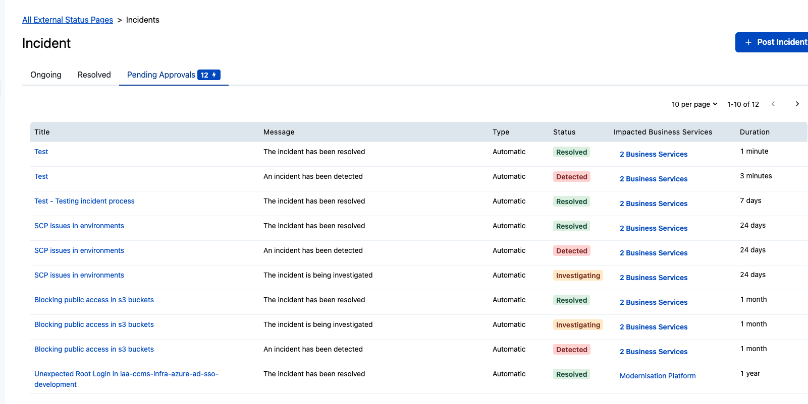 PagerDuty external status page showing pending approvals