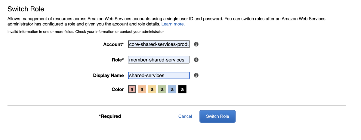 Switch roles to view Shared Services resources